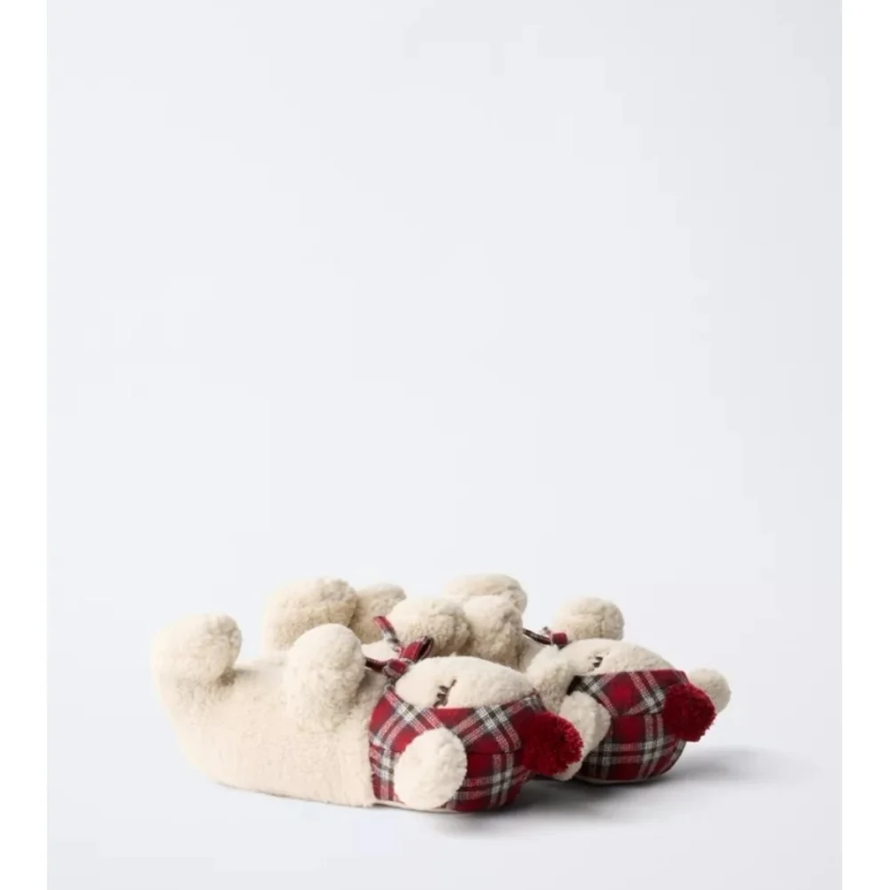 Zara Sheep Plush House Slippers in Cream with Red Plaid Accents